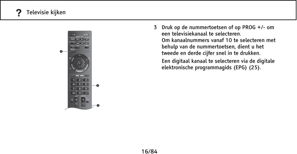 Om kanaalnummers vanaf 10 te selecteren met behulp van de nummertoetsen, dient