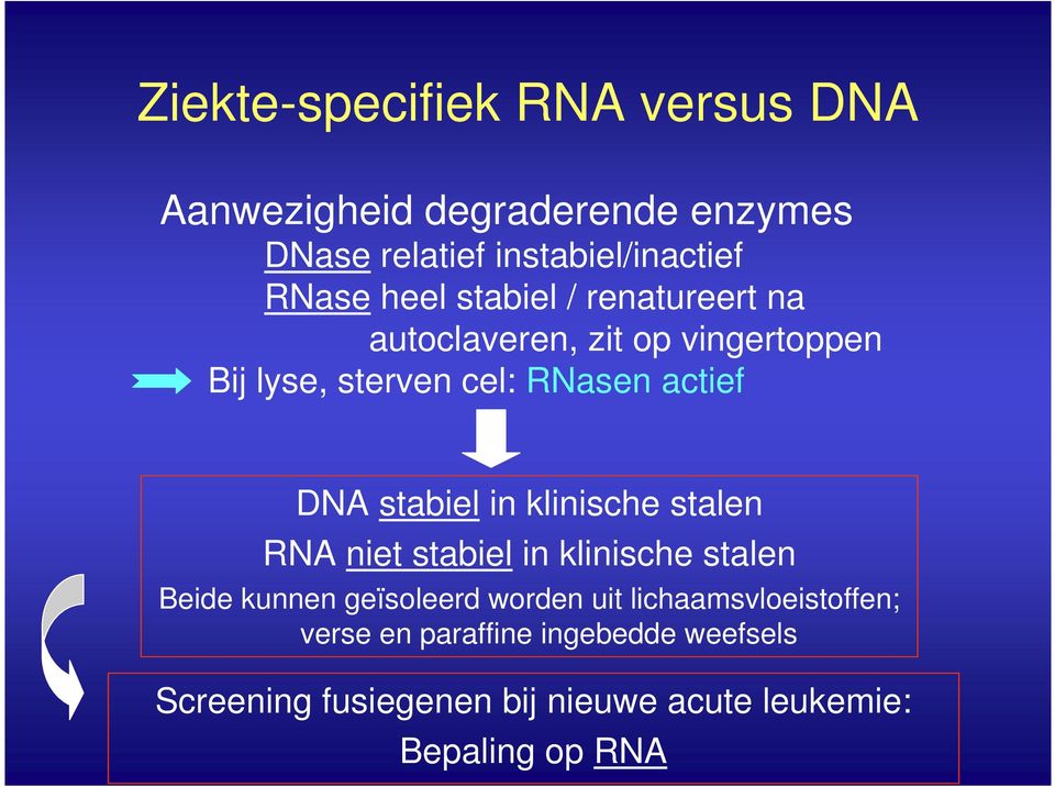 stabiel in klinische stalen RNA niet stabiel in klinische stalen Beide kunnen geïsoleerd worden uit