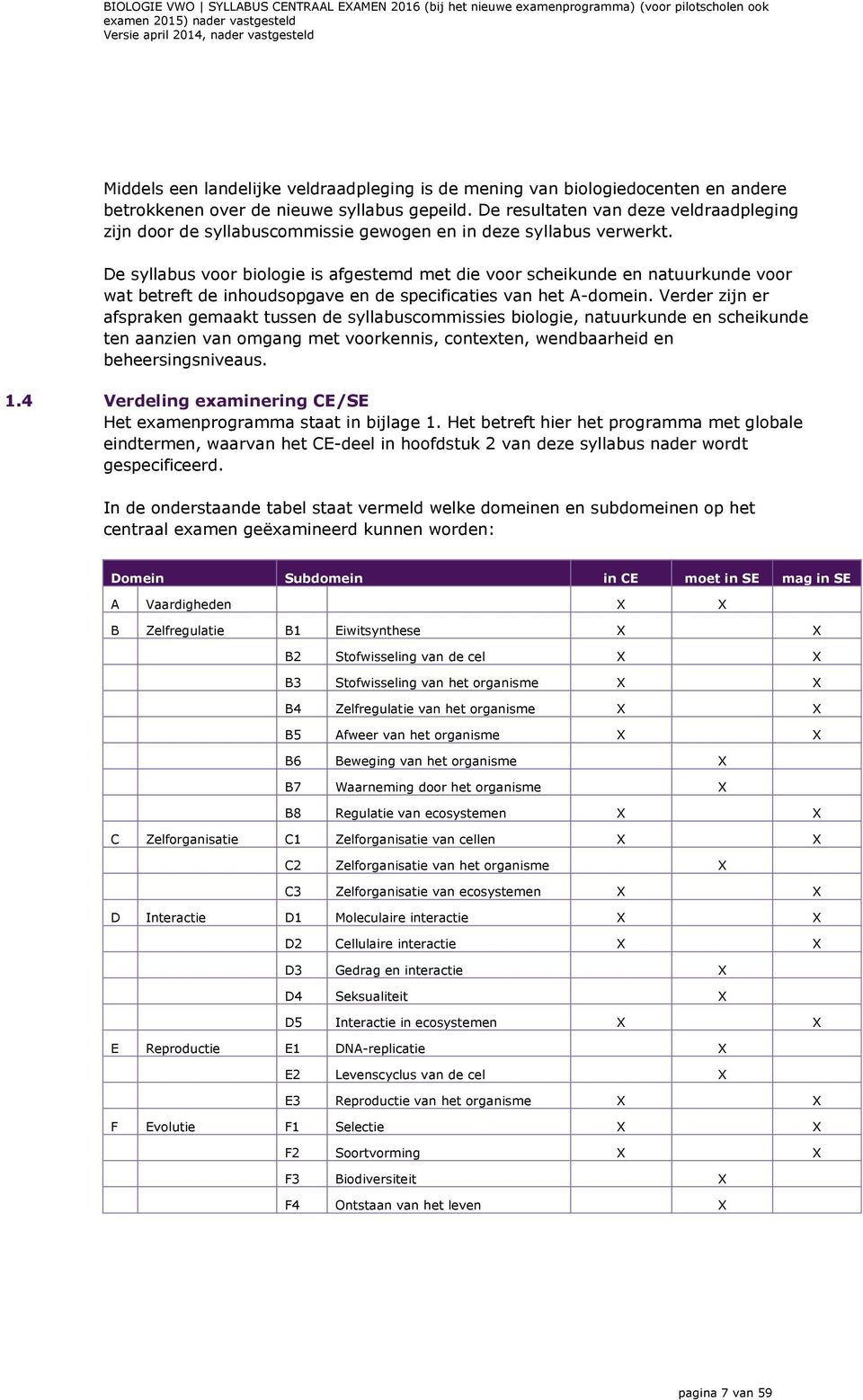 De syllabus voor biologie is afgestemd met die voor scheikunde en natuurkunde voor wat betreft de inhoudsopgave en de specificaties van het A-domein.