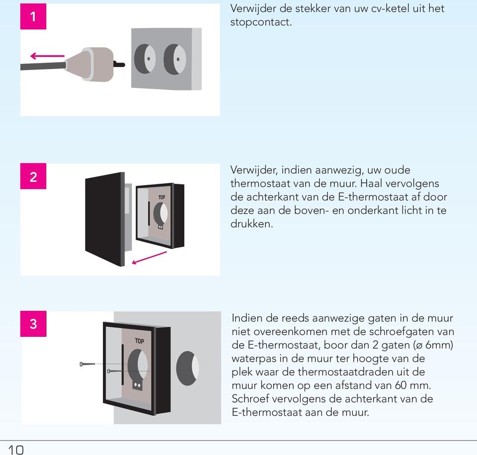 3 Indien de reeds aanwezige gaten in de muur niet overeenkomen met de schroefgaten van de E-thermostaat, boor dan 2 gaten (ø 6mm)