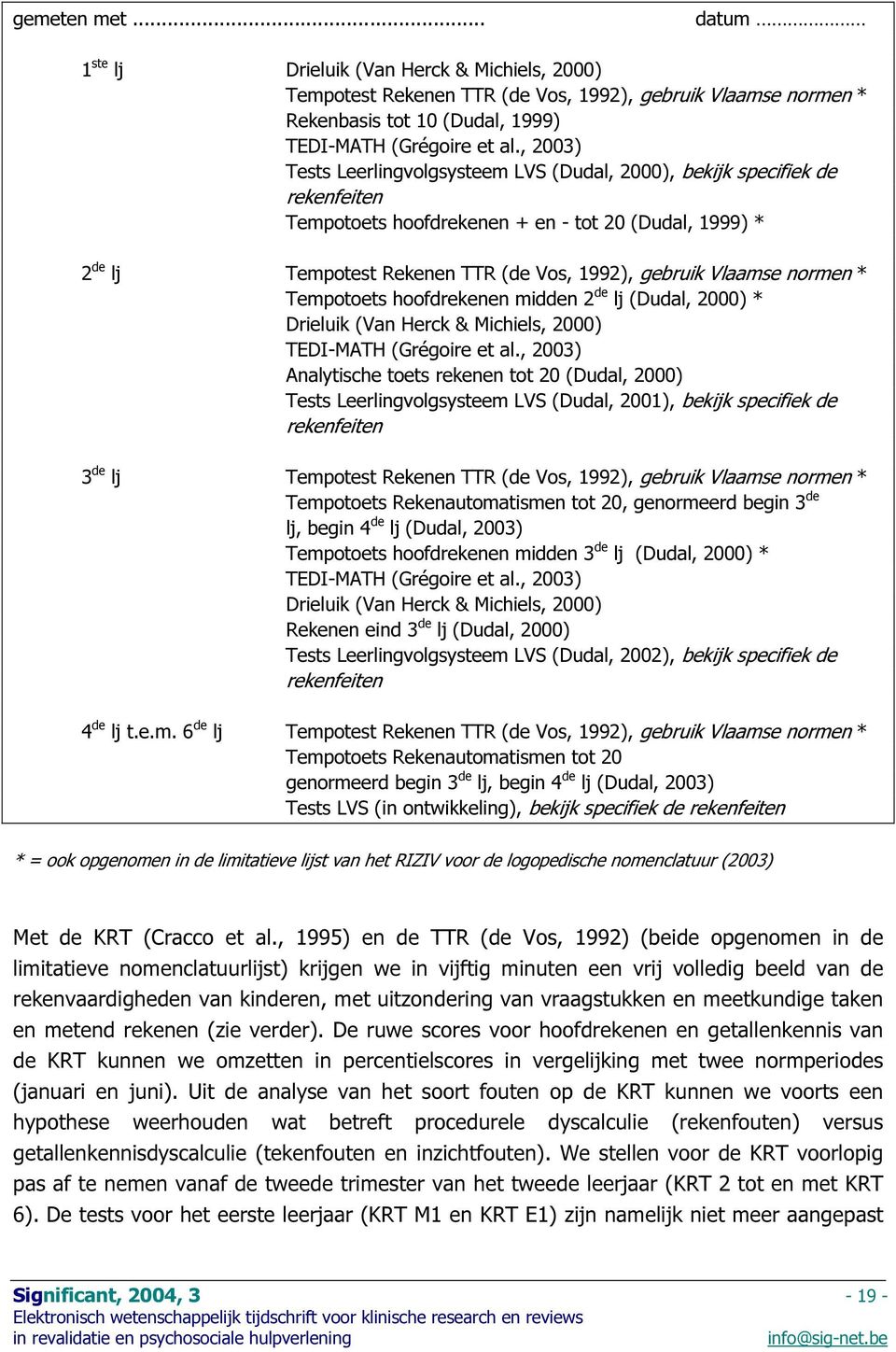 Vlaamse normen * Tempotoets hoofdrekenen midden 2 de lj (Dudal, 2000) * Drieluik (Van Herck & Michiels, 2000) TEDI-MATH (Grégoire et al.
