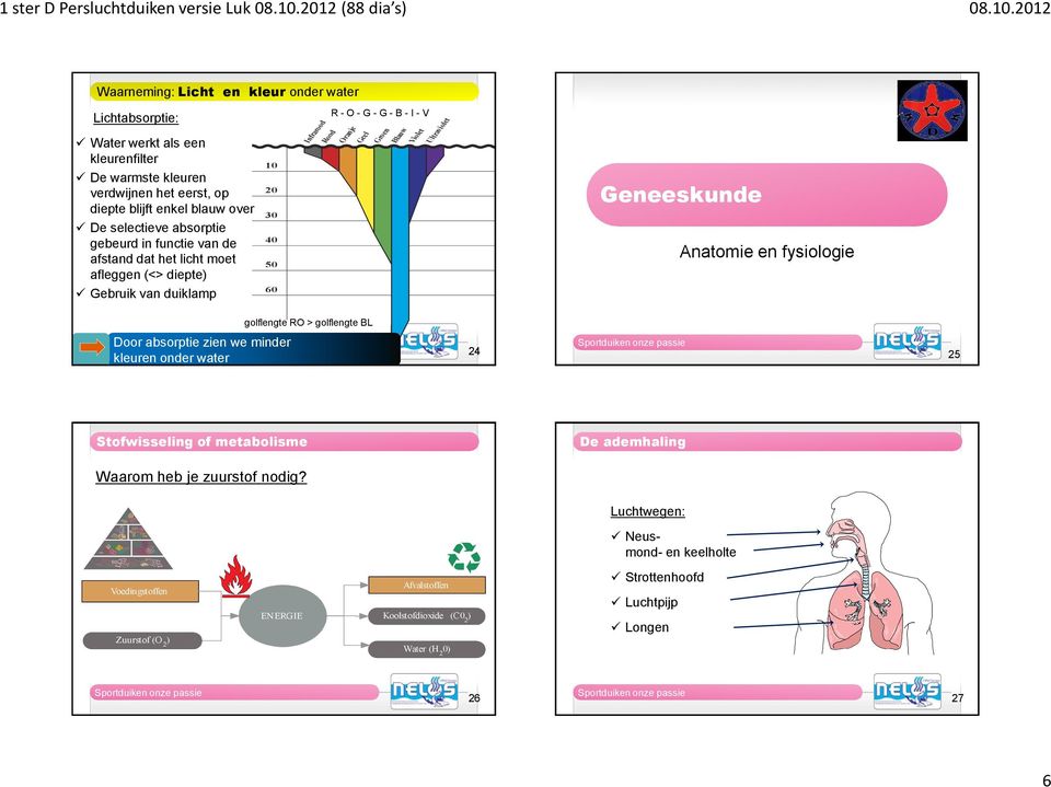 Blauw Violet Ultraviolet Geneeskunde Anatomie en fysiologie golflengte RO > golflengte BL Door absorptie zien we minder kleuren onder water 24 25 Stofwisseling of metabolisme De