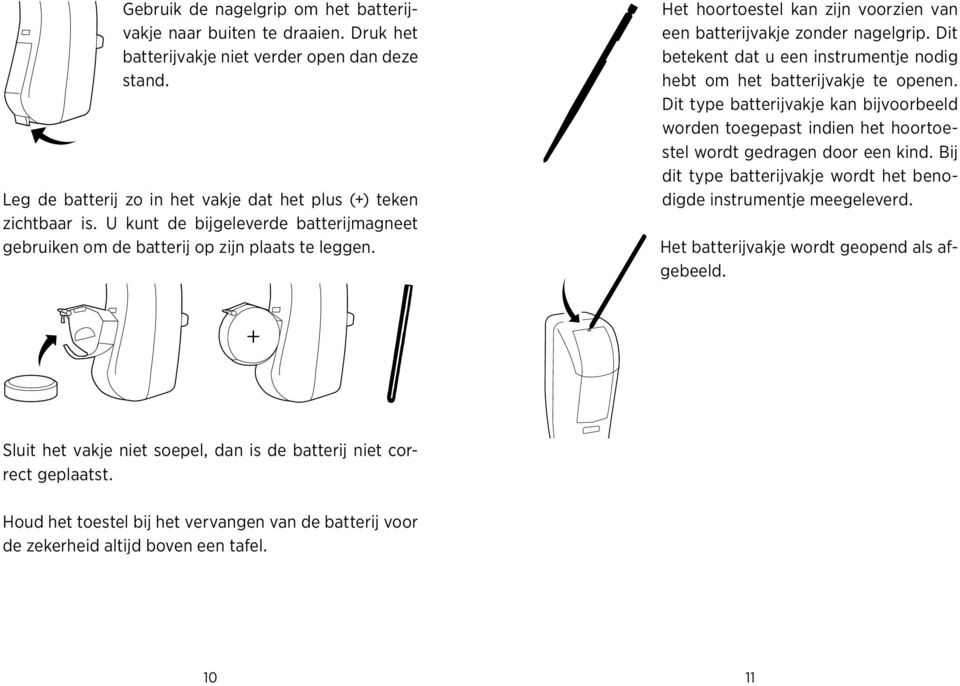 Dit betekent dat u een instrumentje nodig hebt om het batterijvakje te openen. Dit type batterijvakje kan bijvoorbeeld worden toegepast indien het hoortoestel wordt gedragen door een kind.