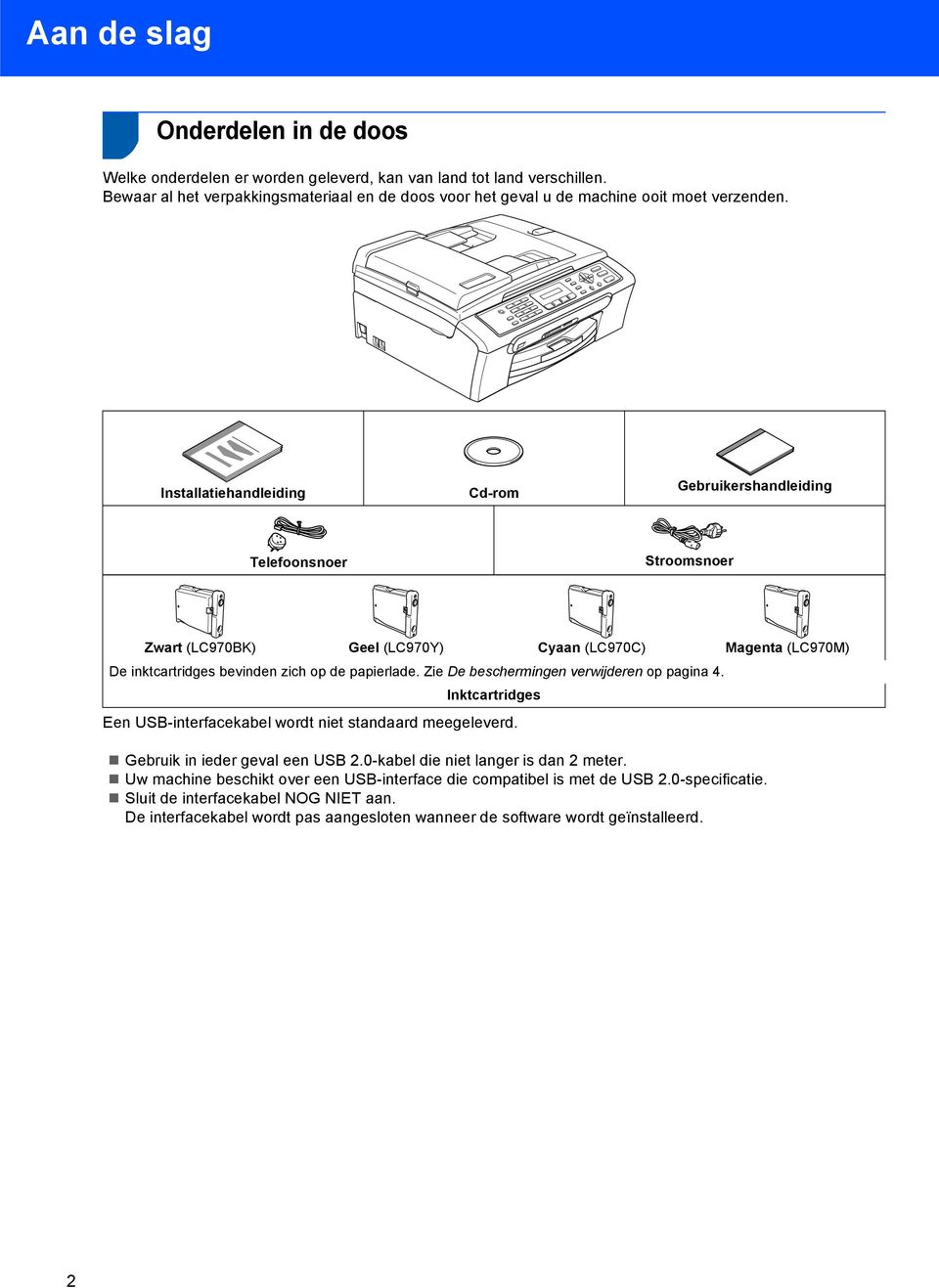 Installatiehandleiding Cd-rom Gebruikershandleiding Telefoonsnoer Stroomsnoer Zwart (LC970BK) Geel (LC970Y) Cyaan (LC970C) Magenta (LC970M) De inktcartridges bevinden zich op de papierlade.