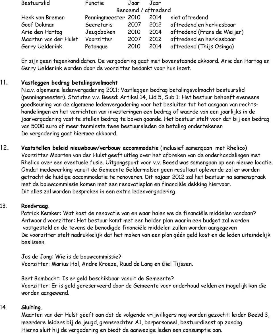 De vergadering gaat met bovenstaande akkoord. Arie den Hartog en Gerry Uelderink worden door de voorzitter bedankt voor hun inzet. 11. Vastleggen bedrag betalingsvolmacht N.a.v. algemene ledenvergadering 2011: Vastleggen bedrag betalingsvolmacht bestuurslid (penningmeester).