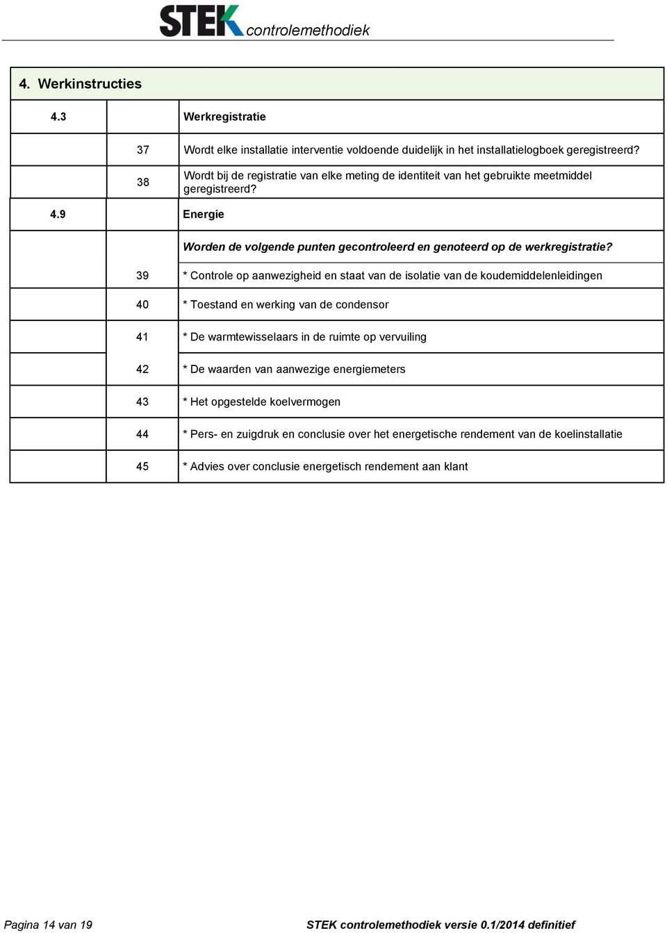 9 Energie Worden de volgende punten gecontroleerd en genoteerd op de werkregistratie?