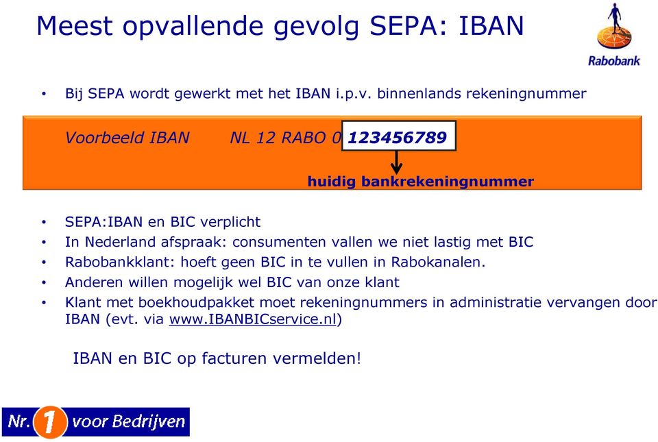 lg SEPA: IBAN Bij SEPA wordt gewerkt met het IBAN i.p.v.