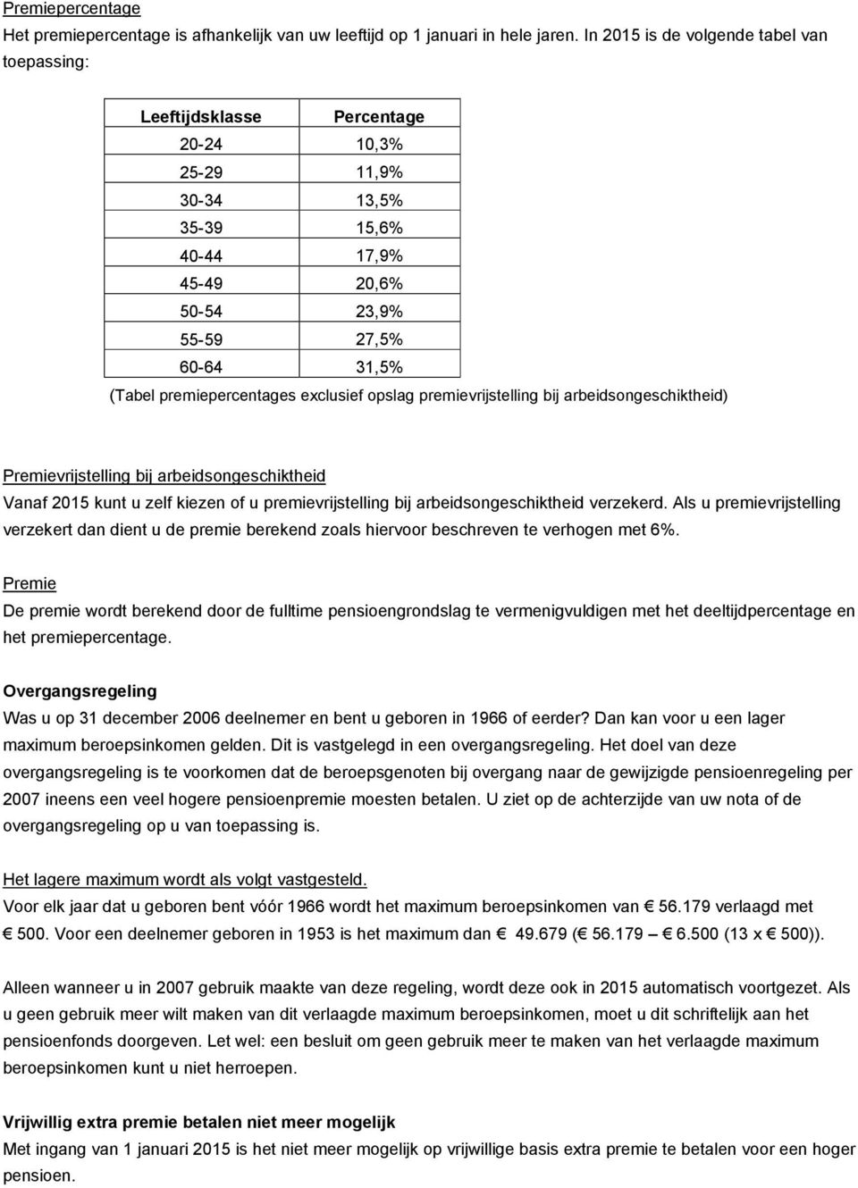 premiepercentages exclusief opslag premievrijstelling bij arbeidsongeschiktheid) Premievrijstelling bij arbeidsongeschiktheid Vanaf 2015 kunt u zelf kiezen of u premievrijstelling bij