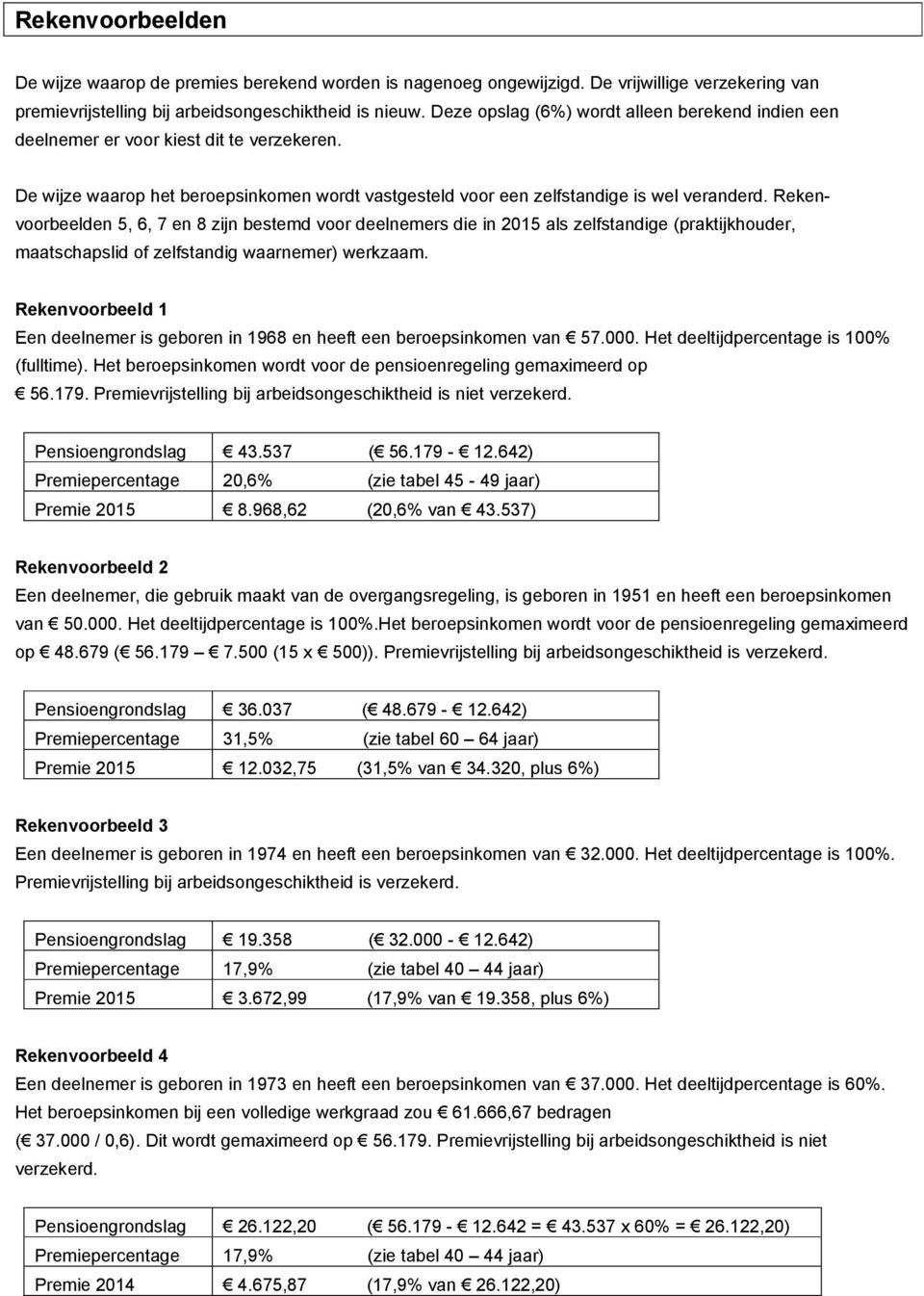 Rekenvoorbeelden 5, 6, 7 en 8 zijn bestemd voor deelnemers die in 2015 als zelfstandige (praktijkhouder, maatschapslid of zelfstandig waarnemer) werkzaam.