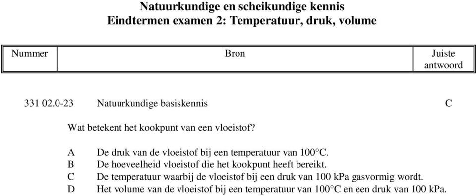 e druk van de vloeistof bij een temperatuur van 100. e hoeveelheid vloeistof die het kookpunt heeft bereikt.