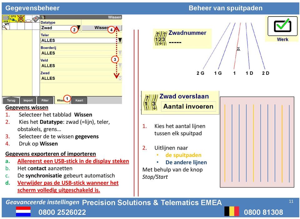 De synchronisatie gebeurt automatisch d. Verwijder pas de USB-stick wanneer het scherm volledig uitgeschakeld is.. Kies het aantal lijnen tussen elk spuitpad.