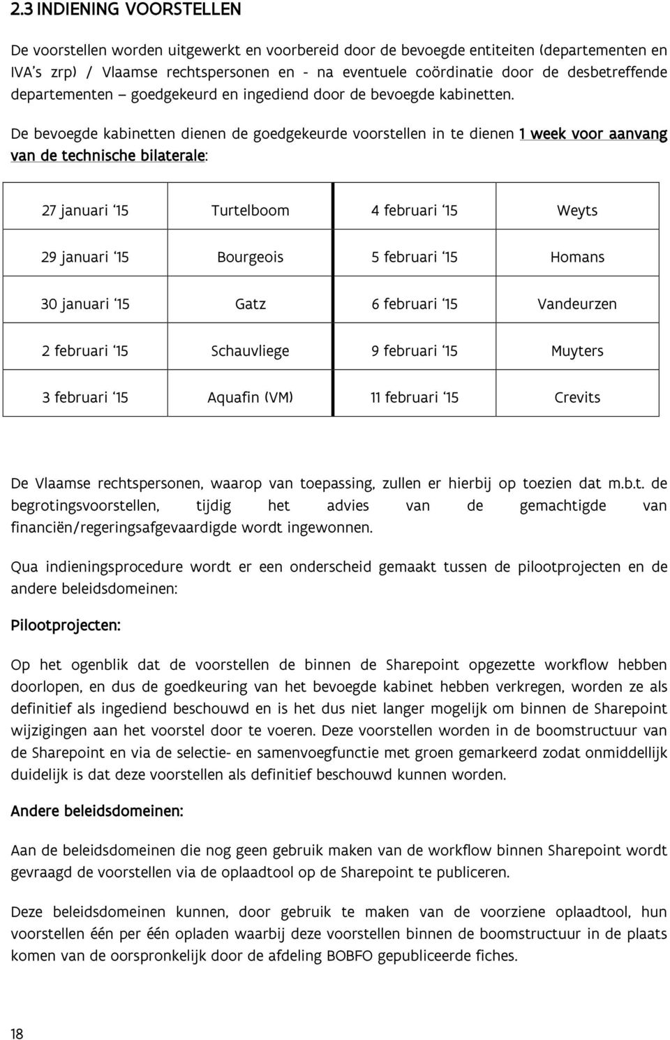 De bevoegde kabinetten dienen de goedgekeurde voorstellen in te dienen 1 week voor aanvang van de technische bilaterale: 27 januari 15 Turtelboom 4 februari 15 Weyts 29 januari 15 Bourgeois 5