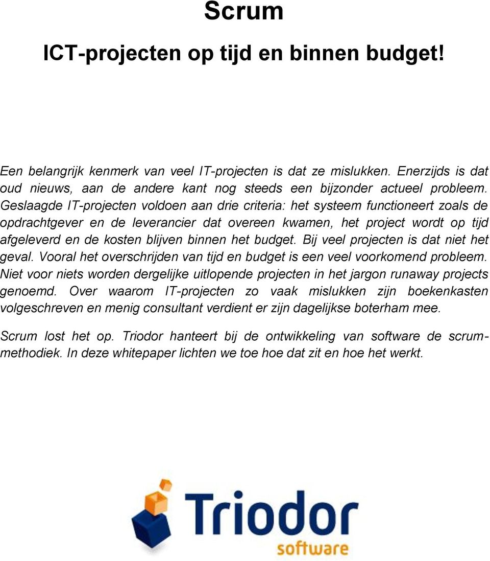 Geslaagde IT-projecten voldoen aan drie criteria: het systeem functioneert zoals de opdrachtgever en de leverancier dat overeen kwamen, het project wordt op tijd afgeleverd en de kosten blijven