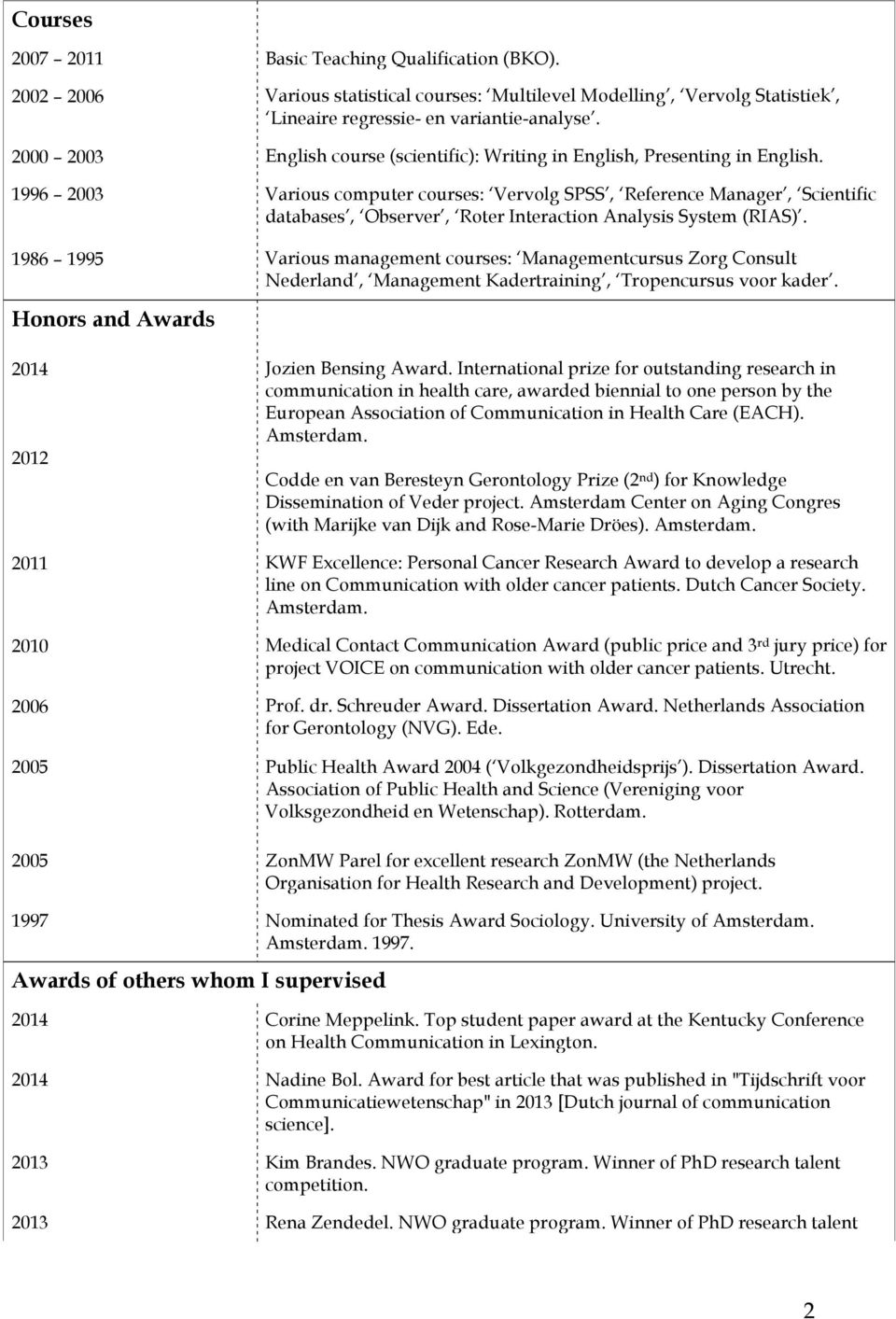 1996 2003 Various computer courses: Vervolg SPSS, Reference Manager, Scientific databases, Observer, Roter Interaction Analysis System (RIAS).