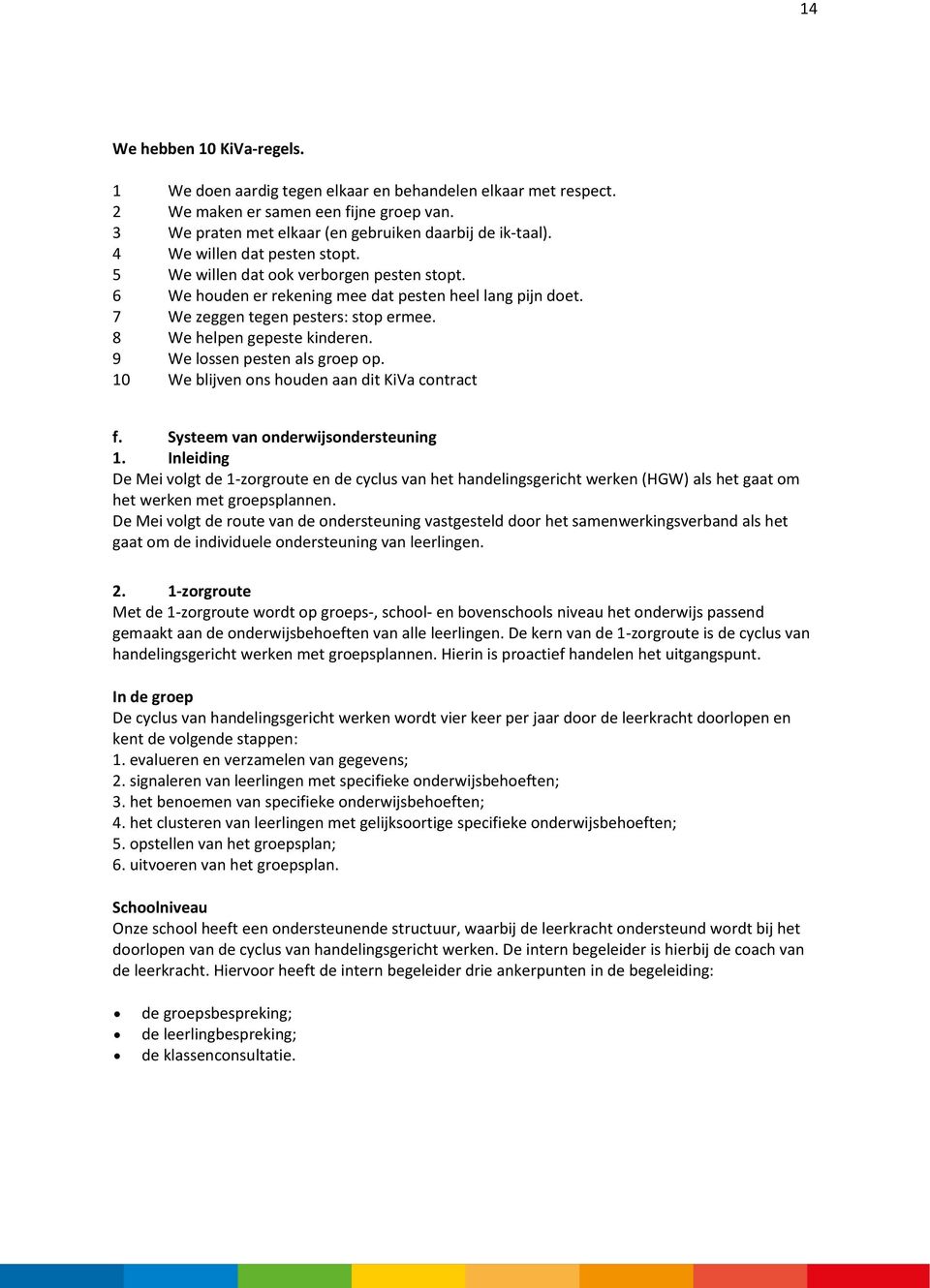 8 We helpen gepeste kinderen. 9 We lossen pesten als groep op. 10 We blijven ons houden aan dit KiVa contract f. Systeem van onderwijsondersteuning 1.