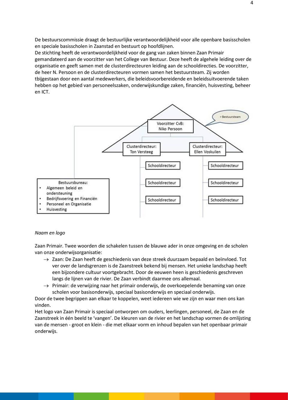 Deze heeft de algehele leiding over de organisatie en geeft samen met de clusterdirecteuren leiding aan de schooldirecties. De voorzitter, de heer N.