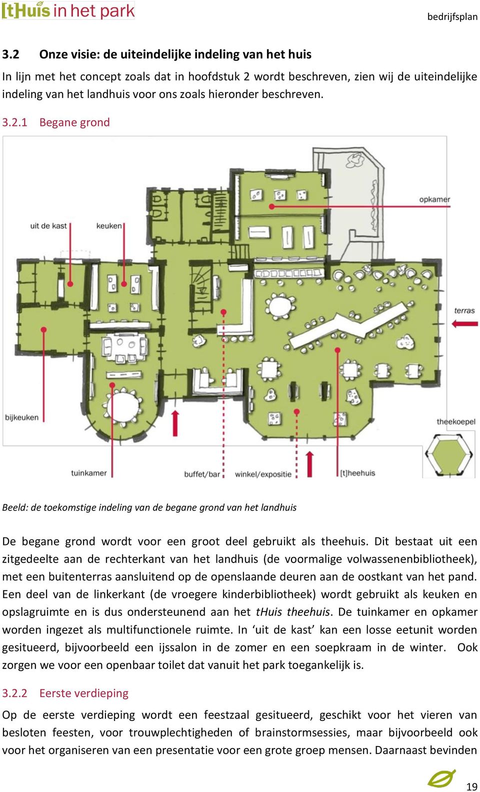 Dit bestaat uit een zitgedeelte aan de rechterkant van het landhuis (de voormalige volwassenenbibliotheek), met een buitenterras aansluitend op de openslaande deuren aan de oostkant van het pand.