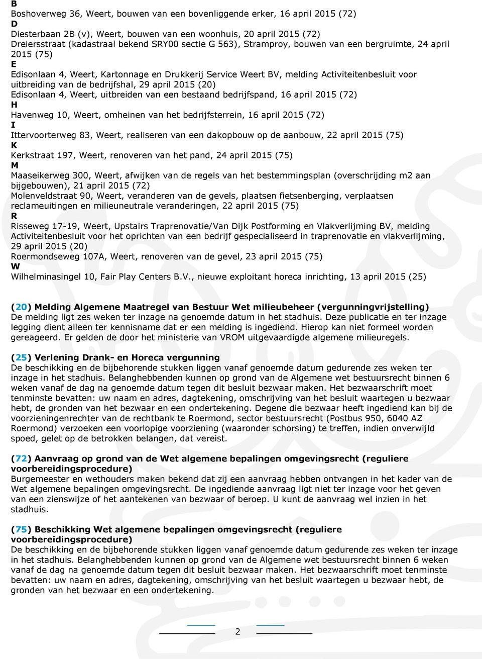 april 2015 (20) Edisonlaan 4, Weert, uitbreiden van een bestaand bedrijfspand, 16 april 2015 (72) H Havenweg 10, Weert, omheinen van het bedrijfsterrein, 16 april 2015 (72) I Ittervoorterweg 83,