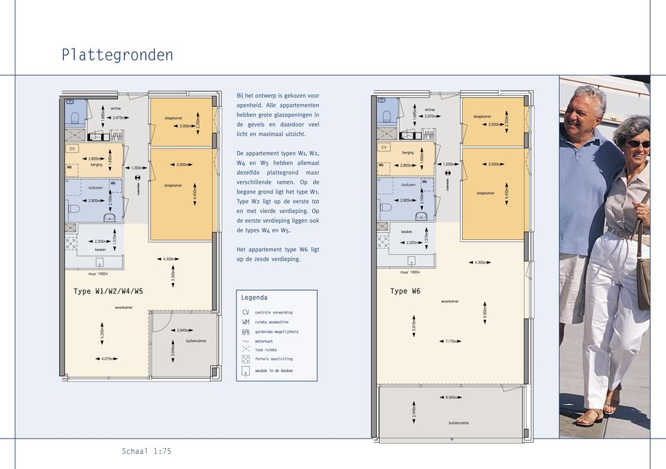 De appartement typen W1, W2, W4 en W5 hebben allemaal dezelfde plattegrond maar verschillende ramen.