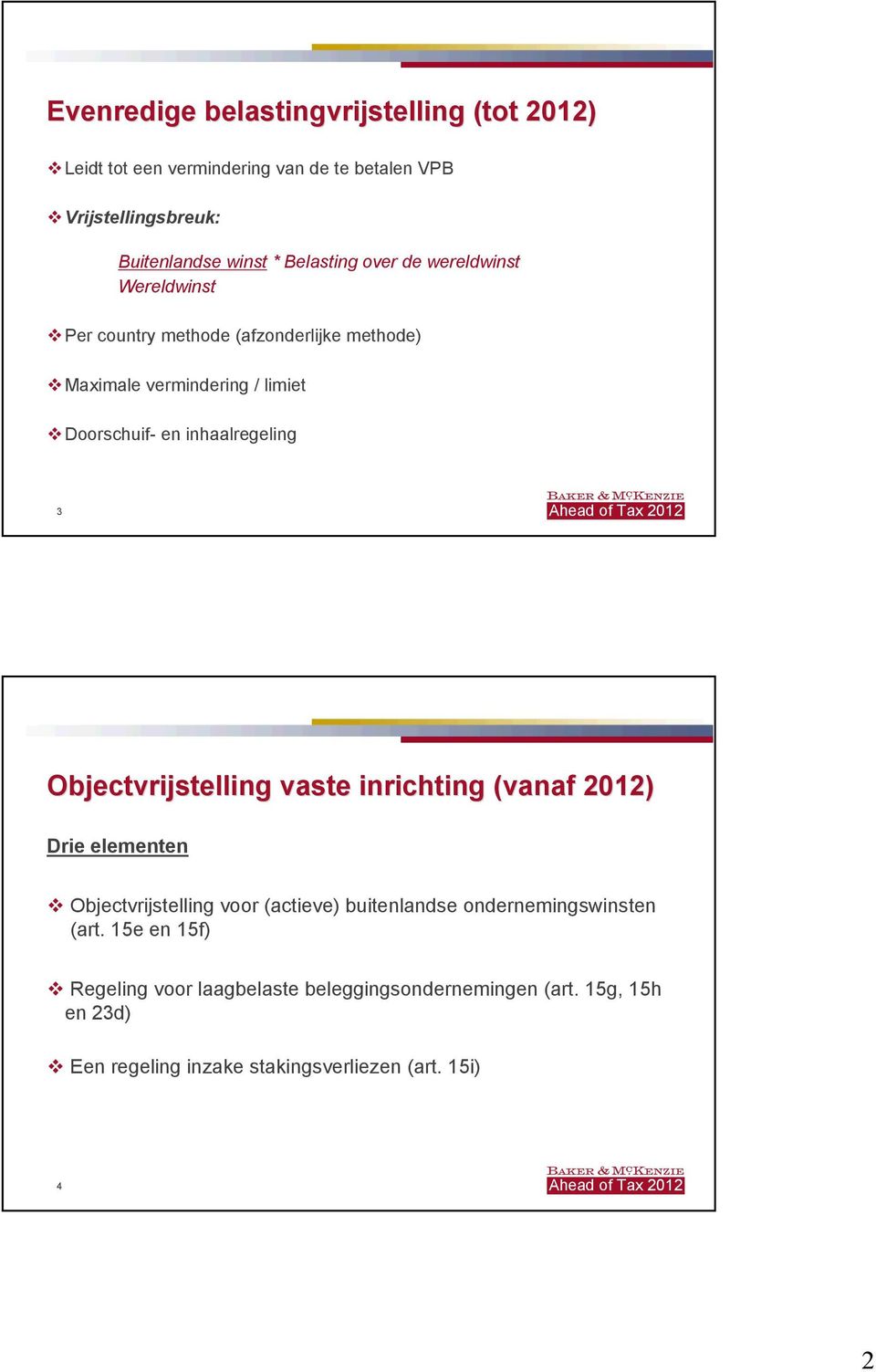 2012 Objectvrijstelling vaste inrichting (vanaf 2012) Drie elementen Objectvrijstelling voor (actieve) buitenlandse ondernemingswinsten (art.