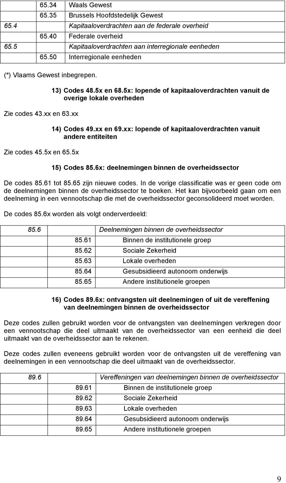 5x: lopende of kapitaaloverdrachten vanuit de overige lokale overheden 14) Codes 49.xx en 69.xx: lopende of kapitaaloverdrachten vanuit andere entiteiten 15) Codes 85.