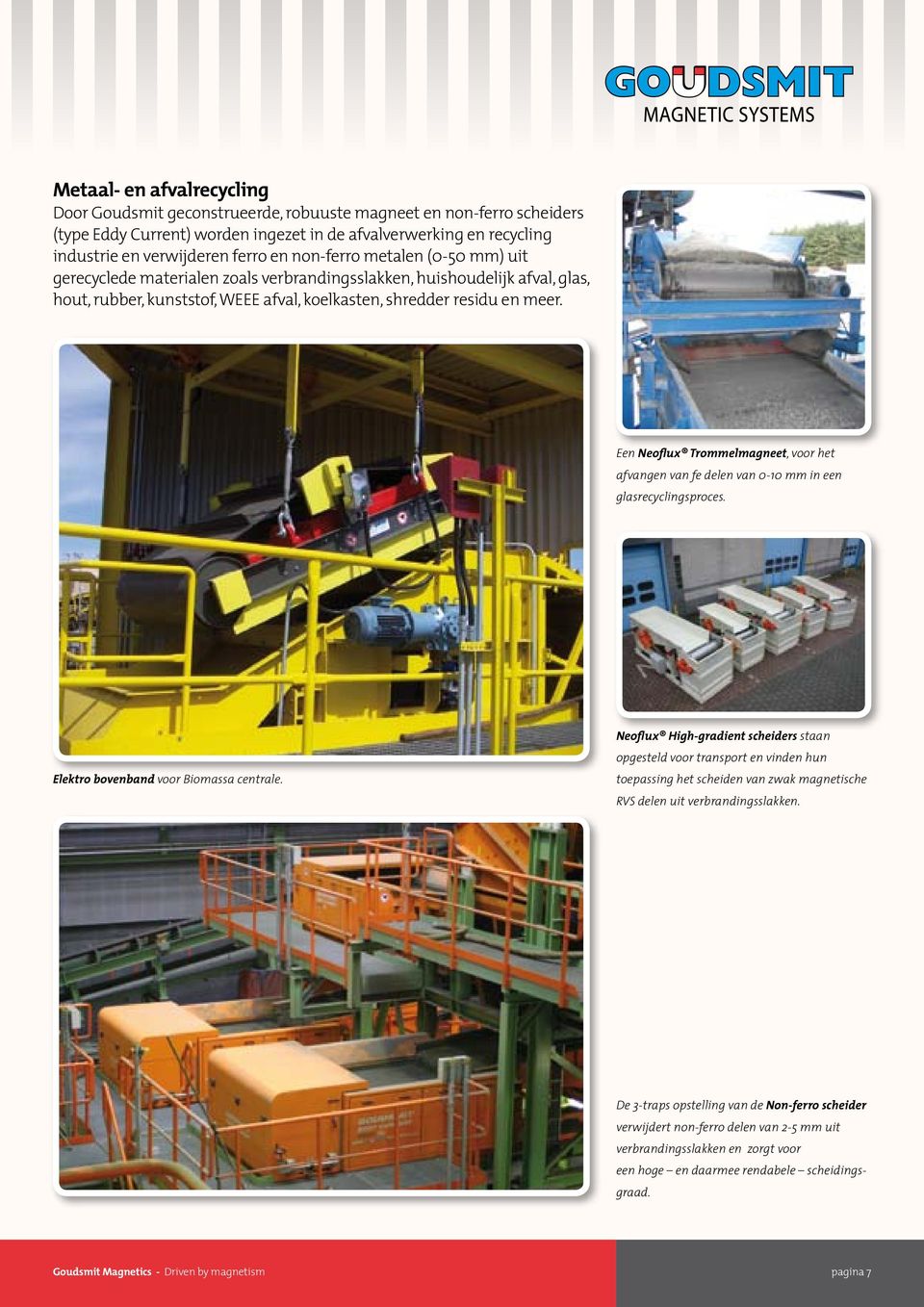 Een Neoflux Trommelmagneet, voor het afvangen van fe delen van 0-10 mm in een glasrecyclingsproces. Elektro bovenband voor Biomassa centrale.