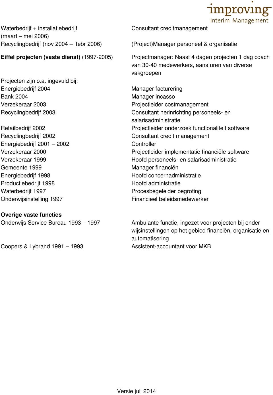 1997 Overige vaste functies Onderwijs Service Bureau 1993 1997 Coopers & Lybrand 1991 1993 Consultant creditmanagement (Project)Manager personeel & organisatie : Naast 4 dagen projecten 1 dag coach