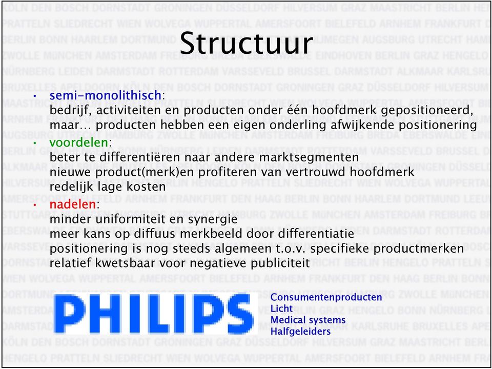 hoofdmerk redelijk lage kosten nadelen: minder uniformiteit en synergie meer kans op diffuus merkbeeld door differentiatie positionering is