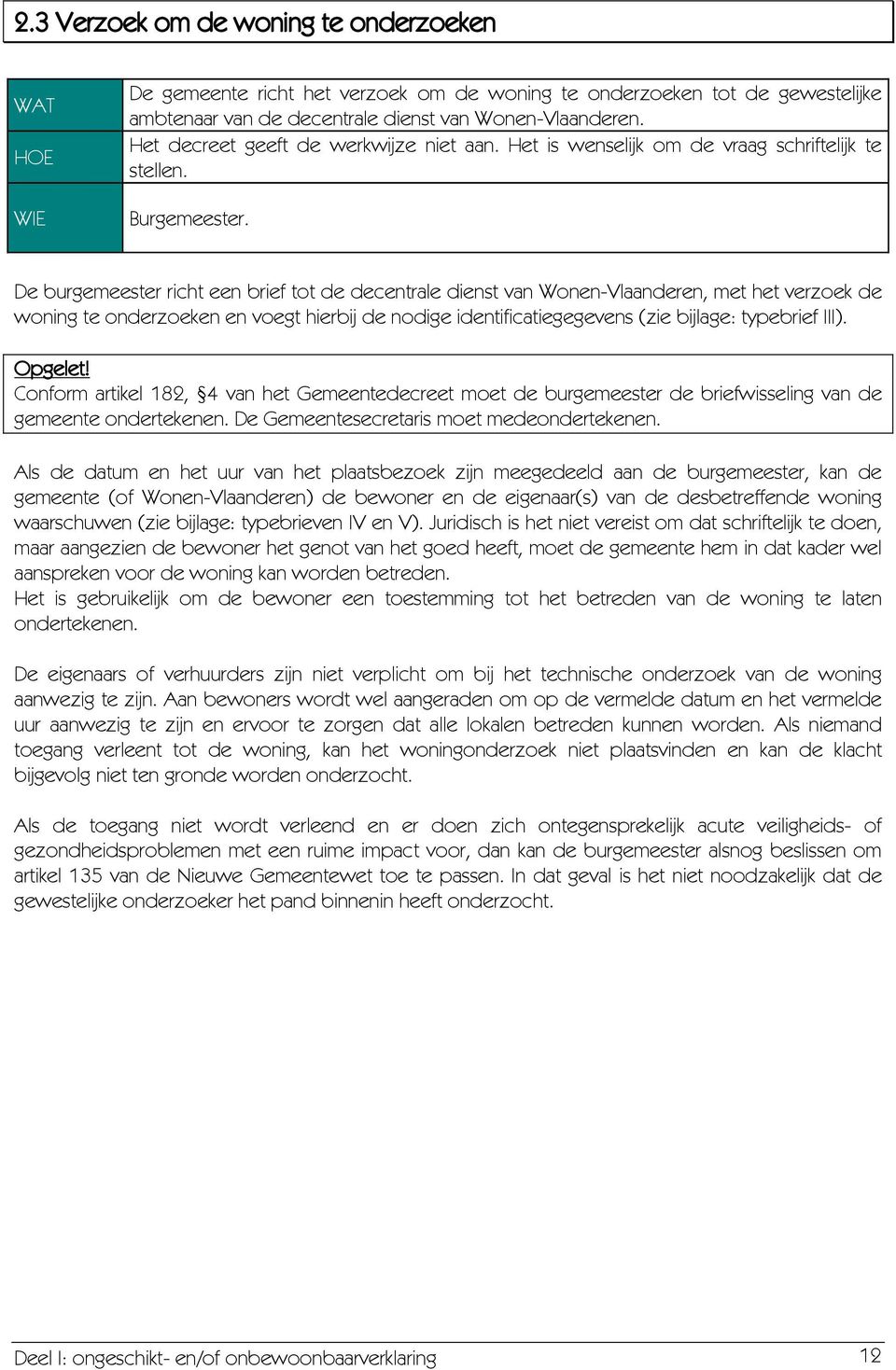 De burgemeester richt een brief tot de decentrale dienst van Wonen-Vlaanderen, met het verzoek de woning te onderzoeken en voegt hierbij de nodige identificatiegegevens (zie bijlage: typebrief III).