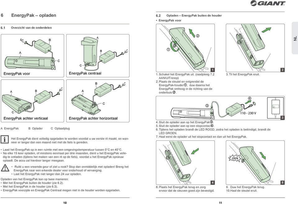 nergypak achter verticaal nergypak Oplader Oplaadplug nergypak achter horizontaal Het nergypak dient volledig opgeladen te worden voordat u uw eerste rit maakt, en wanneer er langer dan een maand