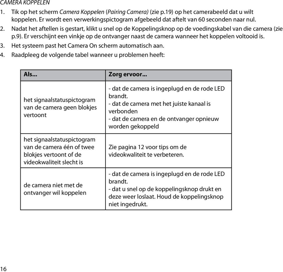 Er verschijnt een vinkje op de ontvanger naast de camera wanneer het koppelen voltooid is. 3. Het systeem past het Camera On scherm automatisch aan. 4.