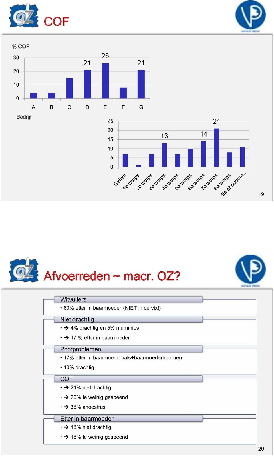 ) Niet drachtig 4% drachtig en 5% mummies 17 % etter in baarmoeder Pootproblemen 17% etter in