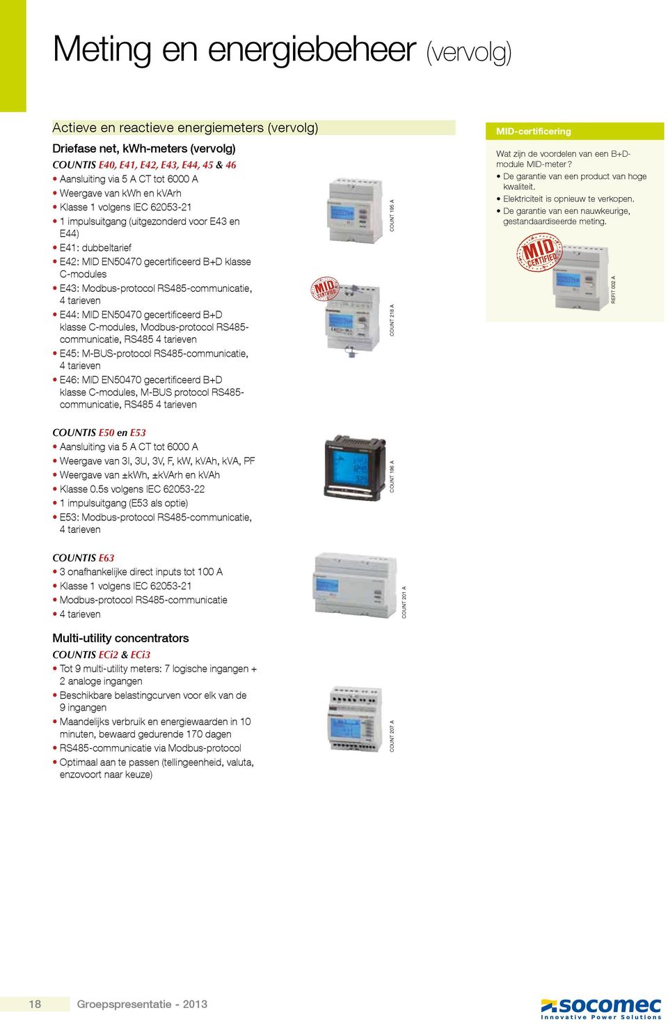 RS485-communicatie, 4 tarieven E44: MID EN50470 gecertificeerd B+D klasse C-modules, Modbus-protocol RS485- communicatie, RS485 4 tarieven E45: M-BUS-protocol RS485-communicatie, 4 tarieven E46: MID