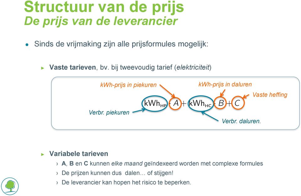 bij tweevoudig tarief (elektriciteit) kwh-prijs in piekuren kwh-prijs in daluren Vaste heffing Verbr.