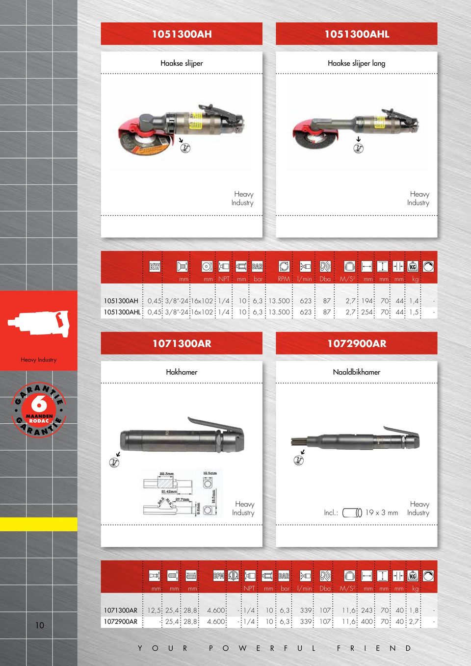 500 623 87 2,7 254 70 44 1,5-1071300AR 1072900AR Heavy Industry Hakhamer Naaldbikhamer MAANDEN RODAC G A R A N T G A R A N I E E I T Heavy Industry Incl.