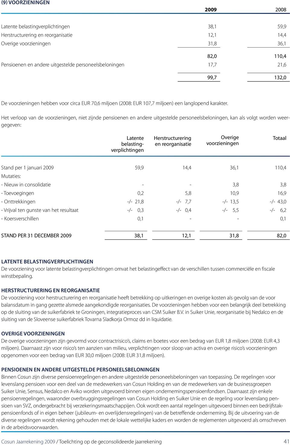 Het verloop van de voorzieningen, niet zijnde pensioenen en andere uitgestelde personeelsbeloningen, kan als volgt worden weergegeven: Latente belastingverplichtingen Herstructurering en