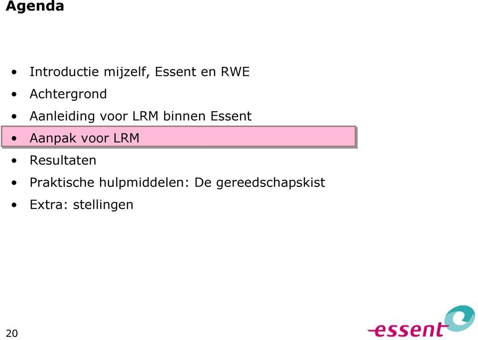 Essent Aanpak voor LRM Resultaten Praktische