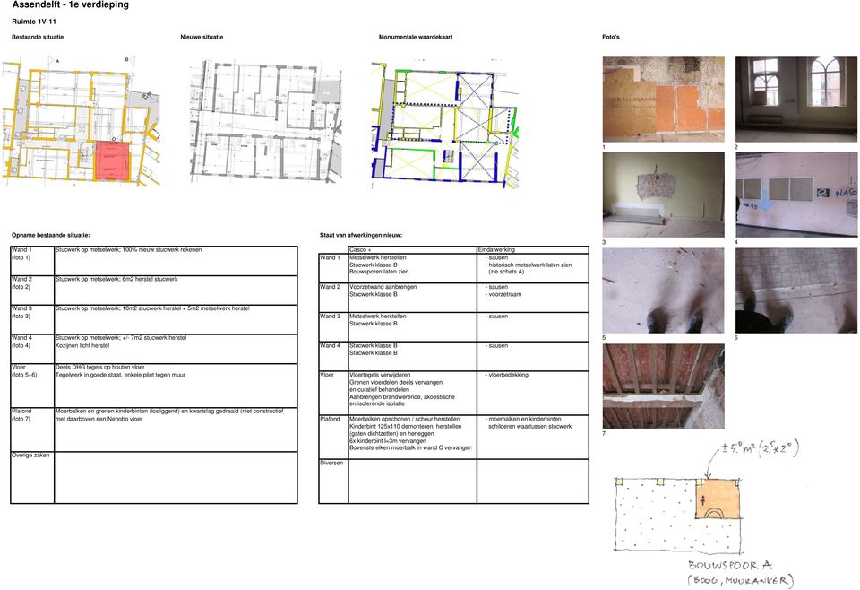 metselwerk; 10m2 stucwerk herstel + 5m2 metselwerk herstel (foto 3) Wand 3 Metselwerk herstellen - sausen Stucwerk klasse B Wand 4 Stucwerk op metselwerk; +/- 7m2 stucwerk herstel 5 6 (foto 4)