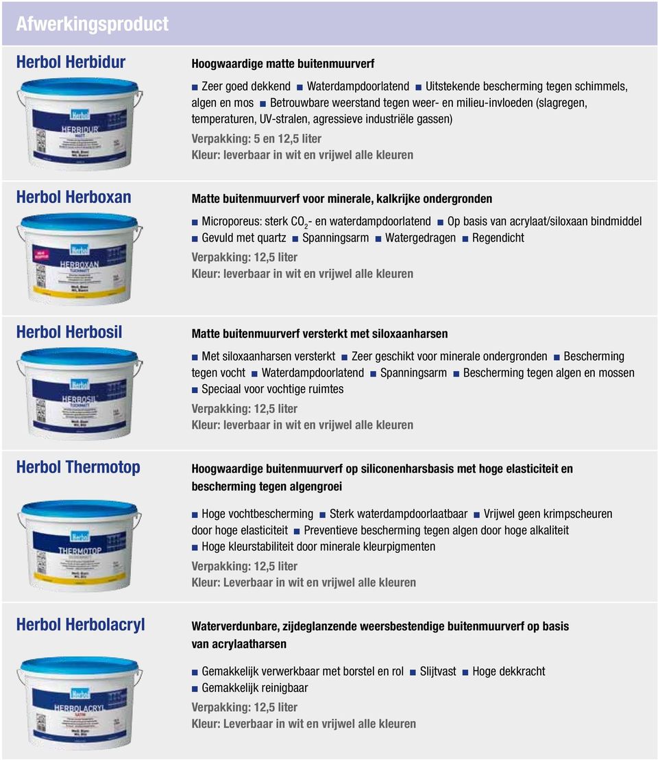 en waterdampdoorlatend n Op basis van acrylaat/siloxaan bindmiddel n Gevuld met quartz n Spanningsarm n Watergedragen n Regendicht Herbol Herbosil Herbol Thermotop Matte buitenmuurverf versterkt met