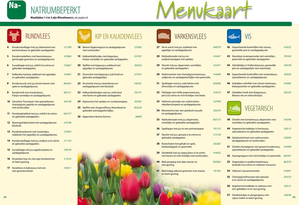 27 Verse worst met jus, rodekool met 64879 appeltjes en 42 Gepocheerde koolvisfilet met vissaus, 416552 gestoofde prei en aardappelpuree 5 Rundermedaillons met bearnaisesaus, 7884 gemengde groenten