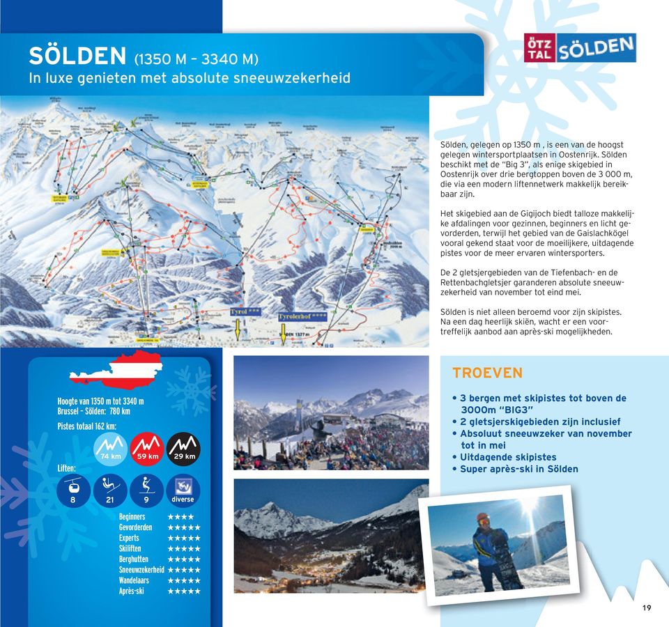 Het skigebied aan de Gigijoch biedt talloze makkelijke afdalingen voor gezinnen, beginners en licht gevorderden, terwijl het gebied van de Gaislachkögel vooral gekend staat voor de moeilijkere,
