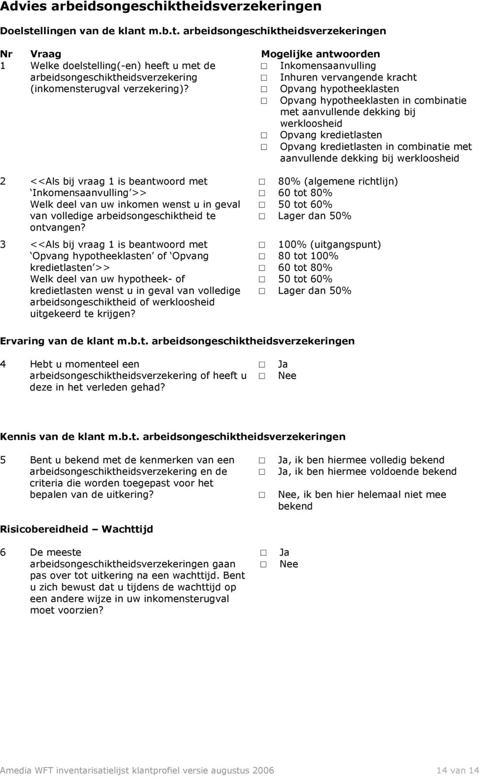 combinatie met aanvullende dekking bij werkloosheid 2 <<Als bij vraag 1 is beantwoord met Inkomensaanvulling >> Welk deel van uw inkomen wenst u in geval van volledige arbeidsongeschiktheid te