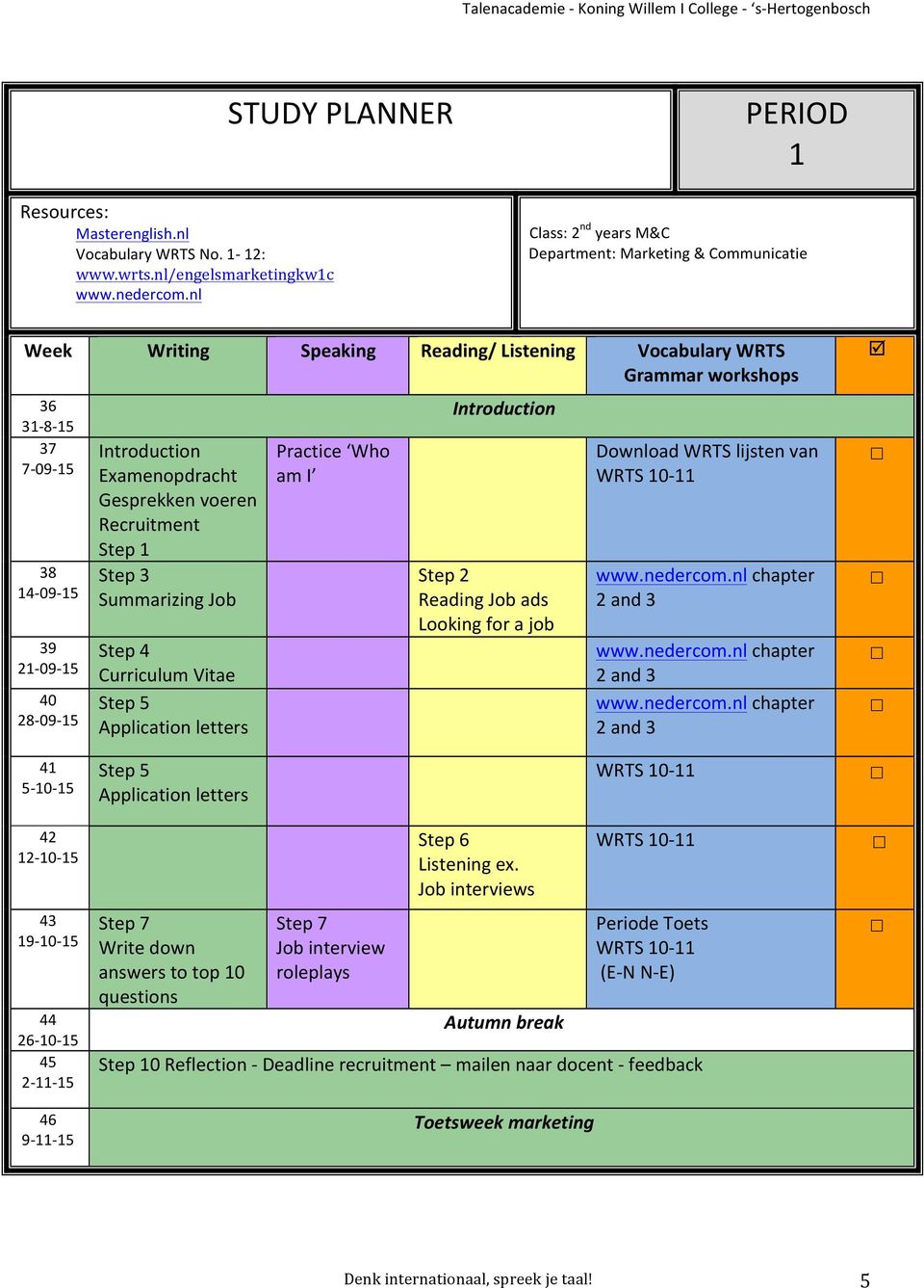 28-09- 15 Introduction Examenopdracht Gesprekken voeren Recruitment Step 1 Step 3 Summarizing Job Step 4 Curriculum Vitae Step 5 Application letters Practice Who am I Introduction Step 2 Reading Job