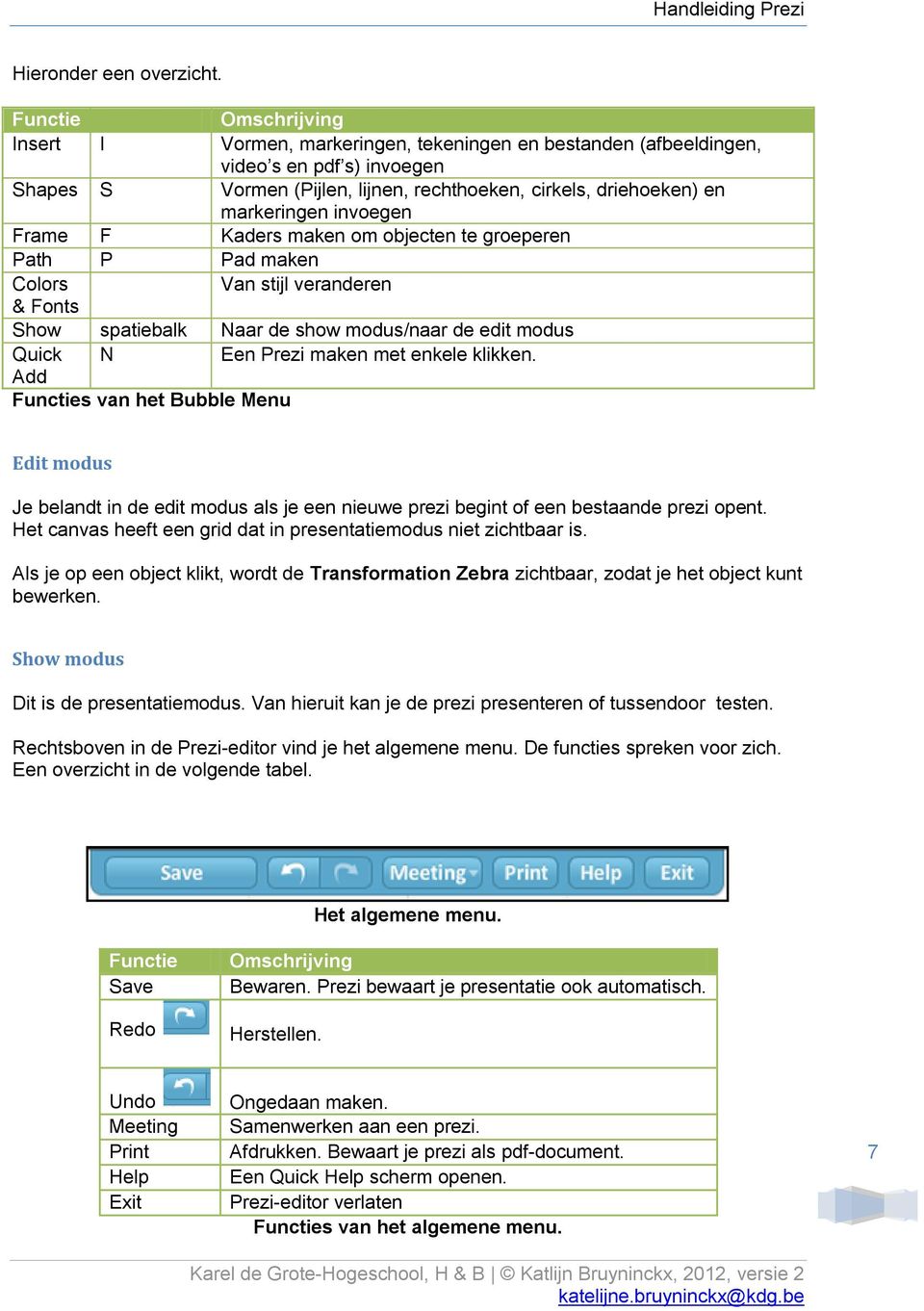 invoegen Frame F Kaders maken om objecten te groeperen Path P Pad maken Colors Van stijl veranderen & Fonts Show spatiebalk Naar de show modus/naar de edit modus Quick N Een Prezi maken met enkele