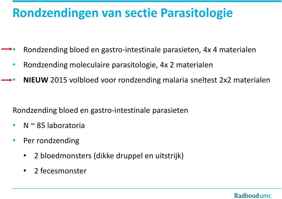 rondzending malaria sneltest 2x2 materialen Rondzending bloed en gastro-intestinale