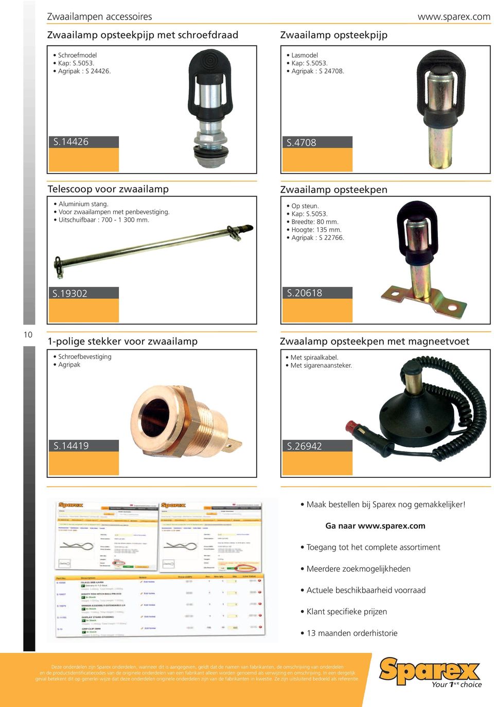 Agripak : S 22766. S.19302 S.20618 10 1-polige stekker voor zwaailamp Schroefbevestiging Agripak Zwaalamp opsteekpen met magneetvoet Met spiraalkabel. Met sigarenaansteker. S.14419 S.