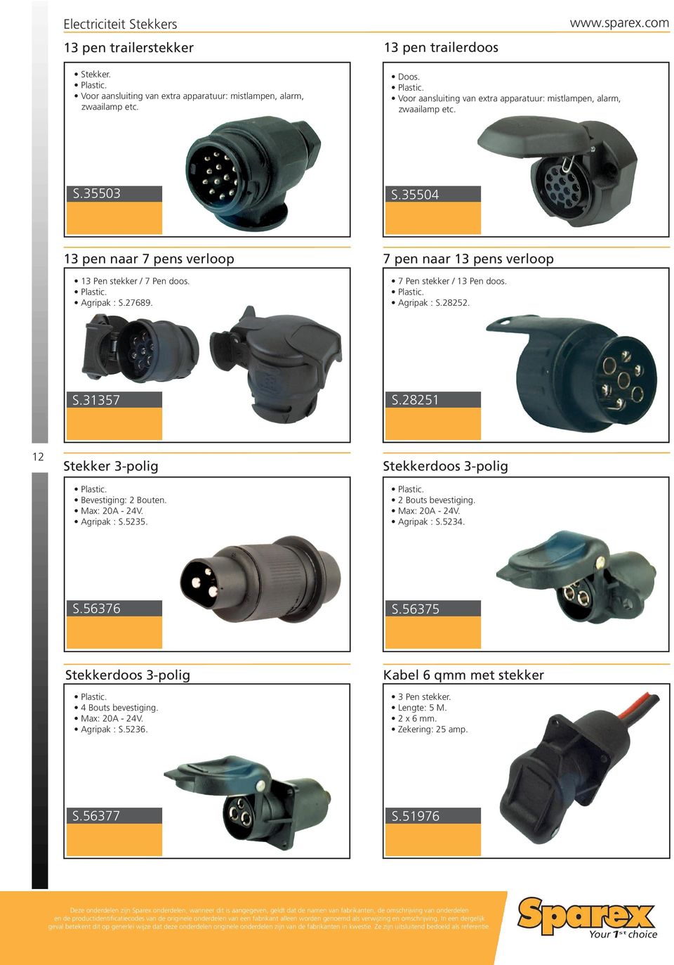 28251 12 Stekker 3-polig Plastic. Bevestiging: 2 Bouten. Max: 20A - 24V. Agripak : S.5235. Stekkerdoos 3-polig Plastic. 2 Bouts bevestiging. Max: 20A - 24V. Agripak : S.5234. S.56376 S.
