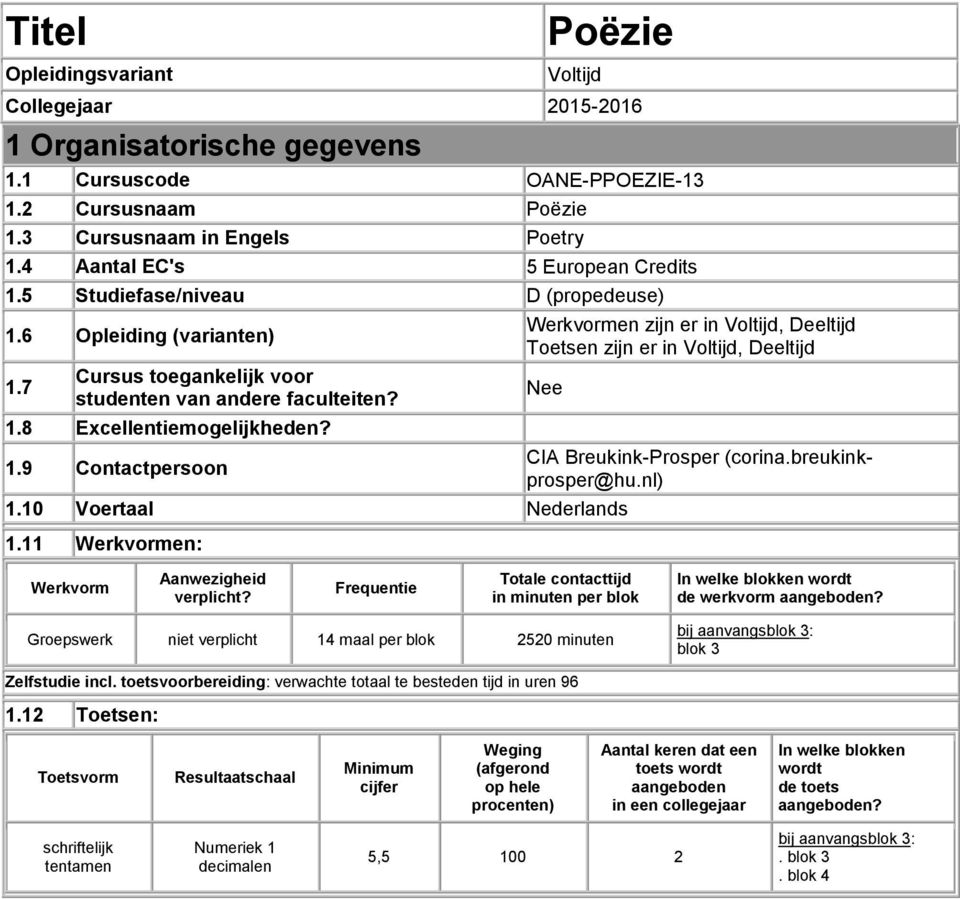 10 Voertaal Nederlands 1.11 Werkvormen: CIA Breukink-Prosper (corina.breukinkprosper@hu.nl) Werkvorm Aanwezigheid verplicht?