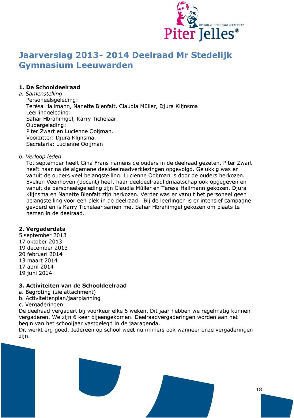 Vrzitter: Djura Klijnsma. Secretaris: Lucienne Oijman b. Verlp leden Tt september heeft Gina Frans namens de uders in de deelraad gezeten.