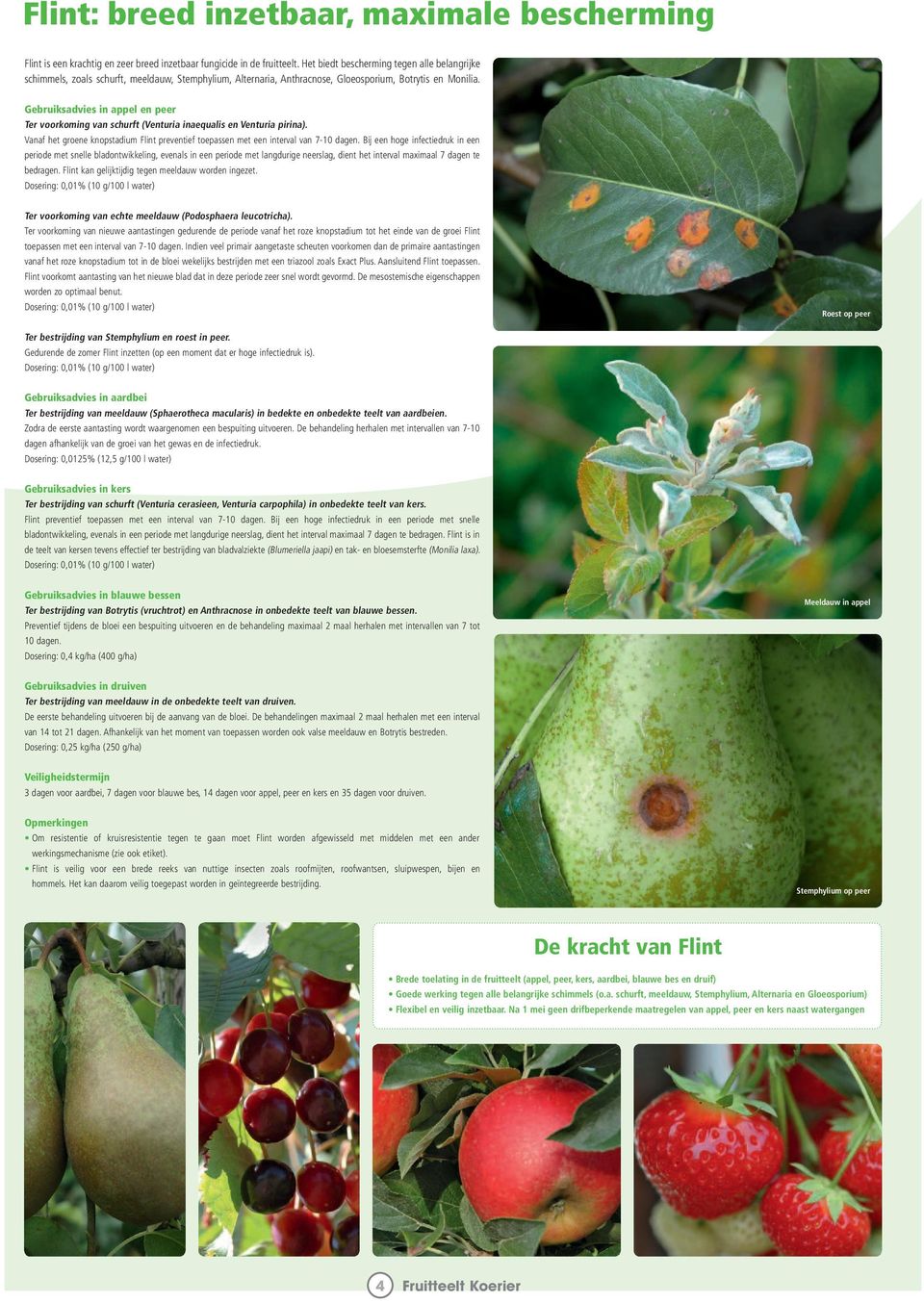 Gebruiksadvies in appel en peer Ter voorkoming van schurft (Venturia inaequalis en Venturia pirina). Vanaf het groene knopstadium Flint preventief toepassen met een interval van 7-10 dagen.